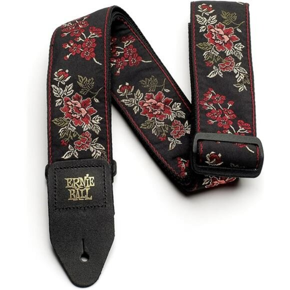 Red rose guitar strap adjustable jacquard pattern leather ends durable - Picture 1 of 2